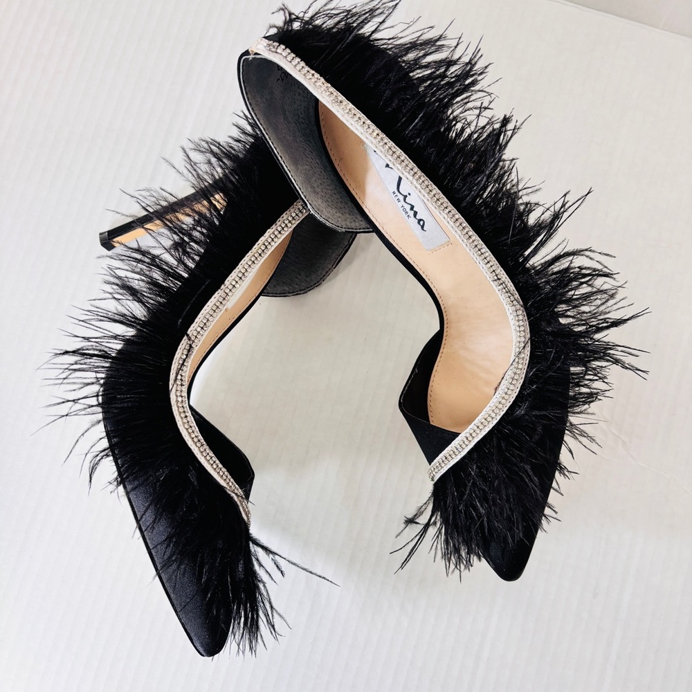NINA NEW YORK sparkly pointy toe black heels feathers size 8M